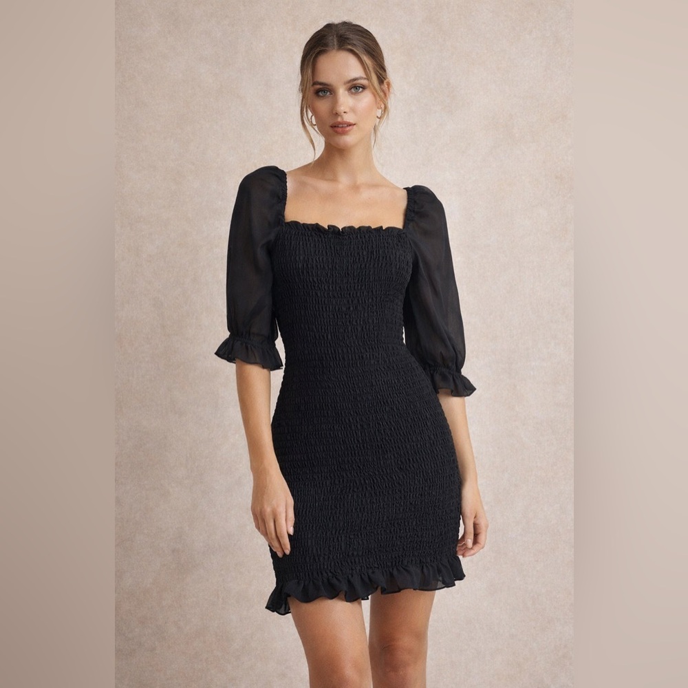Express black smocked square neck mini dress
